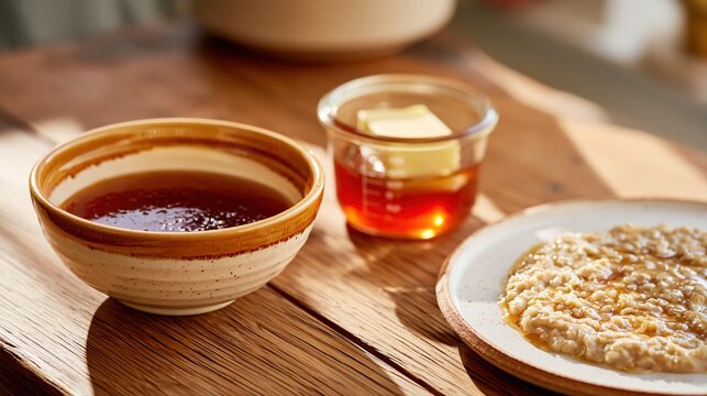 Oatmeal with molasses honey and butter on wood