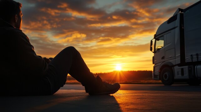 Truck Driver's Solitude: A lone truck driver finds a moment of quiet reflection beside his vehicle, watching the sun dip below the horizon in a breathtaking display of fiery colors.