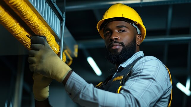 Industrial Technician at Work: A focused industrial technician, wearing a yellow hard hat and protective gloves, inspects yellow pipes in a factory setting.
