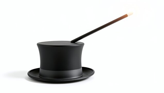 Black top hat and magic wand with glowing tip creating a magical illusion on white background