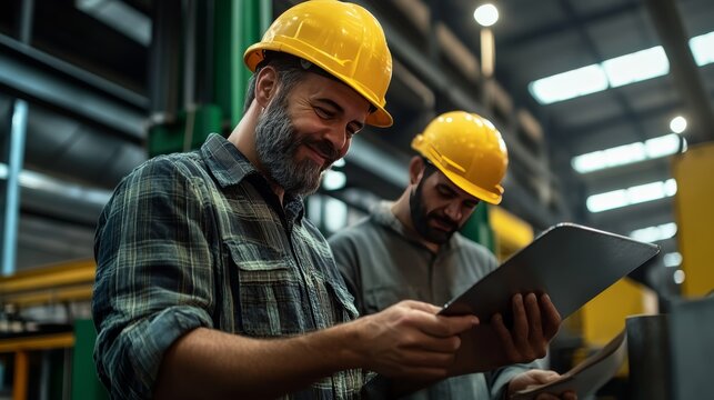 Factory Workers Collaborating: Two skilled factory workers in yellow hard hats review a tablet and documents, discussing their work in a modern industrial setting.