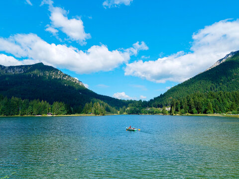 View of Lake Spitzingsee in Bavaria towards Spitzingsattel valley, Spitzingalm between the Brecherspitz and the slopes of the J&auml;gerkamp
