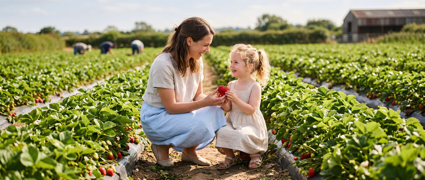 An adult woman and a young girl crouch in a strawberry field, sharing a ripe strawberry during a sunny daytime harvest.