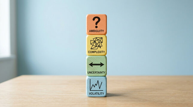 VUCA business strategy concept with wooden blocks representing volatility uncertainty complexity and ambiguity