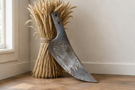Reforged metal blade shaped into plowshare against dried wheat, peace and farming concept