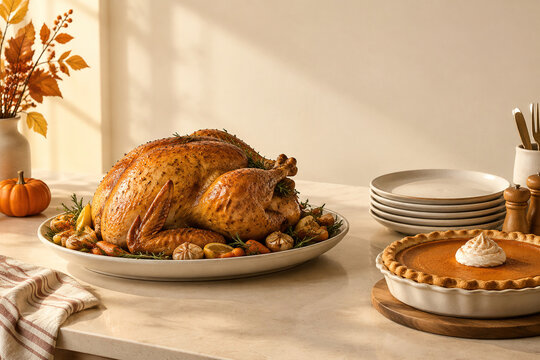 Roasted turkey with plates and pumpkin pie on kitchen counter, autumn holiday meal preparation concept