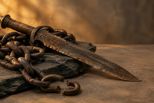 Weathered ceremonial blade with broken chain on slate, heritage and resilience concept