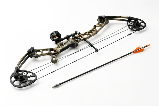 Composite bow drawn taut with arrow, archery equipment still life