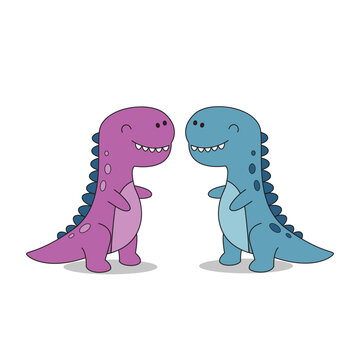Cute pink and blue baby dinosaurs smiling facing each other.