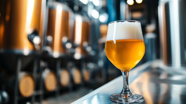 Craft Beer in Brewery: A perfect glass of golden craft beer, complete with frothy head, sits on a bar in a modern brewery, with large fermentation tanks and barrels blurred in the background.