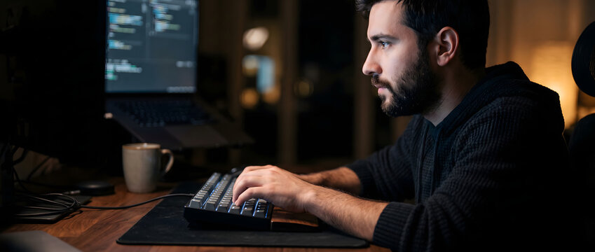 A bearded male programmer types code on a keyboard while looking at a laptop screen in a dim indoor workspace.