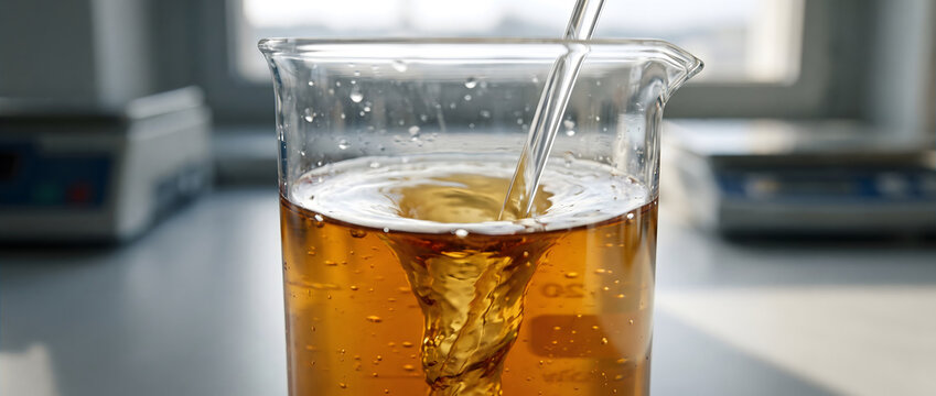 A glass beaker containing amber liquid is being stirred with a glass rod in a laboratory setting.