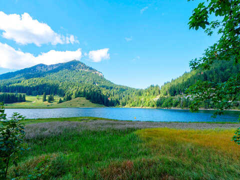 Lake Spitzingsee in southern Bavaria, Germany, and north of Lake Schliersee. View of the Brecherspitz peaks