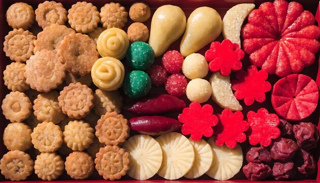 Assorted traditional sweets and confections arranged in a red box