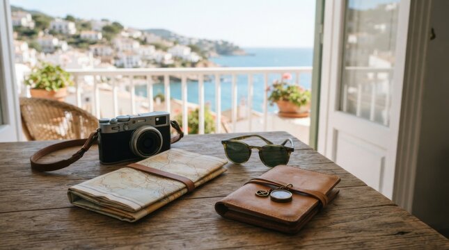 Camera and notebooks on a wooden table with a beautiful ocean view
