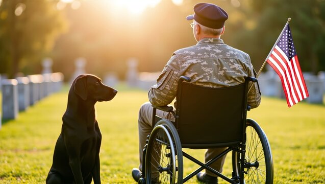 Disabled veteran sitting in a wheelchair, holding an American flag, with a loyal service dog by his side outdoors