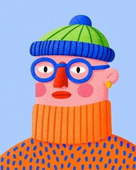 Fototapeta premium Vintage Illustration of a Stylish Man with Glasses and a Cozy Sweater, Wearing a Hat and Standing Against a Blue Background.