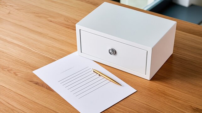 Secure white storage box for documents with a gold pen and white paper sheet