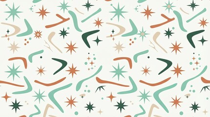 Fototapeta premium Mid Century Modern Seamless Pattern with Boomerangs and Starburst Shapes