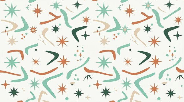 Mid Century Modern Seamless Pattern with Boomerangs and Starburst Shapes