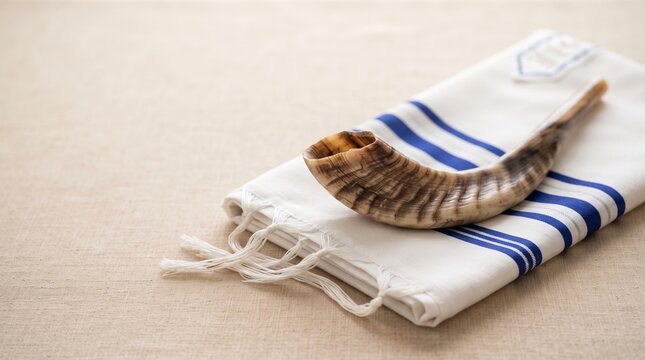 A Shofar horn rests upon a pristine white prayer shawl adorned with blue stripes, symbolizing spiritual reflection and tradition.