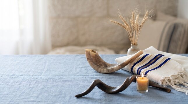 A shofar, a traditional Jewish ritual horn, sits beside a lit candle and a ceremonial cloth, evoking a sense of spiritual solemnity and reflection in a serene setting.