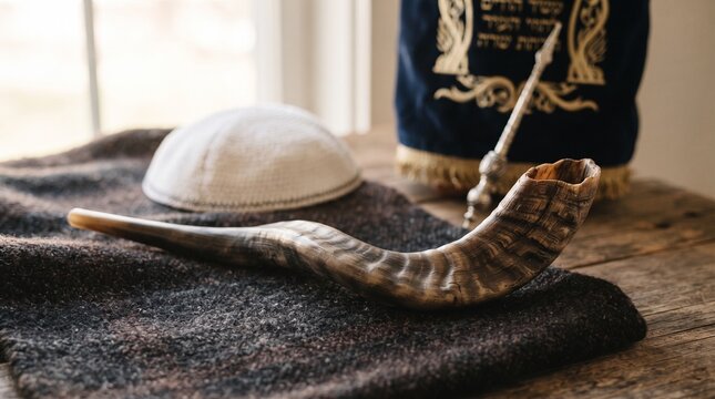 Shofar horn, kippah, and tallit bag displayed on a textured surface, invoking a sense of religious tradition and solemnity, perfect for spiritual or holiday themes.