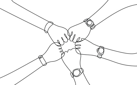 Continuous line of four hands wearing wristwatches clustered together in a fist bump gesture for teamwork and unity concept