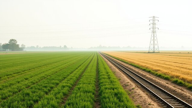 Rural agricultural landscape with parallel train tracks crossing green and golden fields under a hazy sky