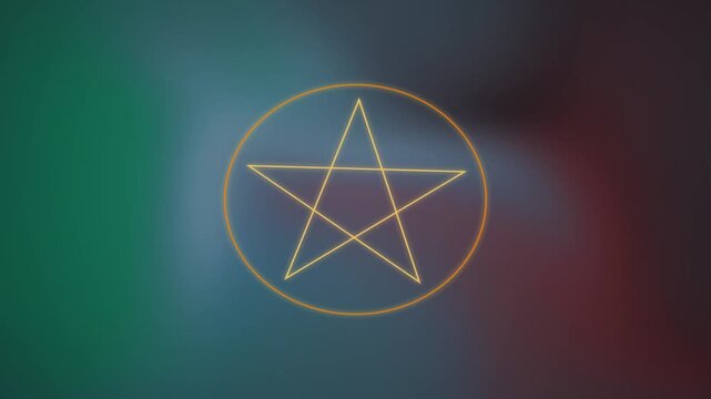 A golden pentagram within a circle, set against a blurred background of green, blue, and red.