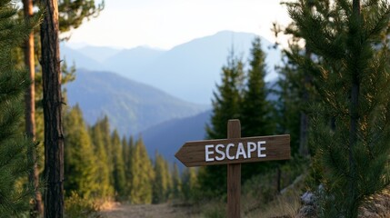 Obraz premium Wooden signpost pointing escape along a mountain forest trail, finding freedom in nature's path