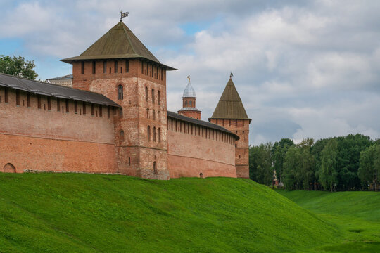 The Zlatoustovskaya Tower of the Novgorod Kremlin (Novgorodsky Detinets) on a sunny summer day, Veliky Novgorod, Russia