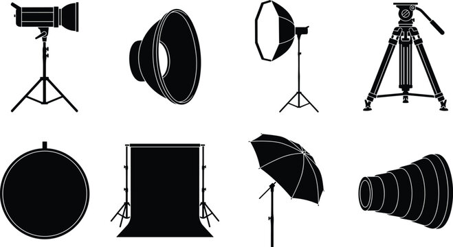 Set of black silhouette photography studio equipment icons featuring softbox tripod backdrop umbrella and lighting vector illustration