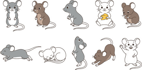 Obraz premium Cute Mouse Cartoon Character Set in Different Poses Eating Cheese Sleeping and Running Flat Vector Illustration Collection