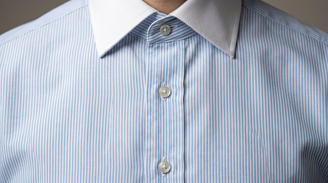 Close-up of a mens blue pinstriped dress shirt with white collar formal wear business attire mens fashion button down shirt texture striped fabric