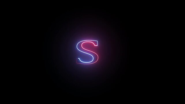 Glowing neon letter s with blue and red light effects on black background a s illuminated by a dual colored outline against dark