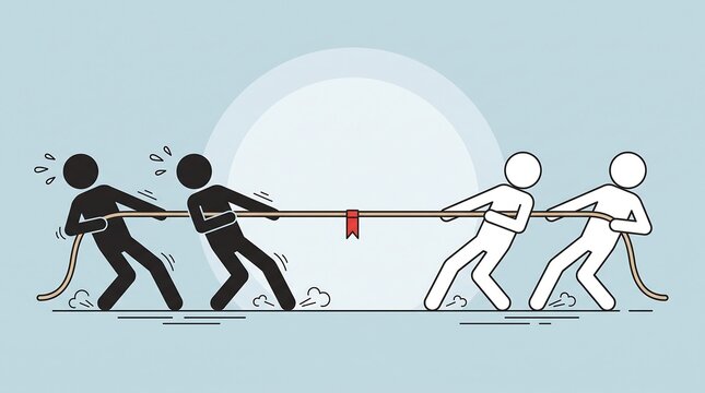 Tug of war competition between black and white stick figures, business team rivalry and conflict concept, corporate challenge and strength metaphor