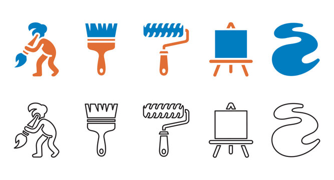 Graphic collection showcasing painting equipment with diverse brush styles and artist supplies for creative workshops design projects and art studio branding needs in various styles.