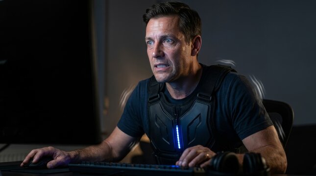 Professional gamer in haptic vest reacting to immersive experience