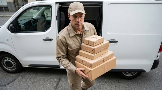 Professional courier delivering packages from a white cargo van