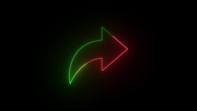Neon arrow symbol pointing right a icon outlined in green and red light curves to the right, glowing against a black background