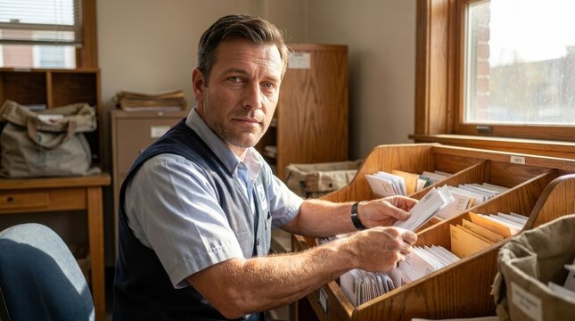 Postal worker sorting mail in a sunlit office with wooden slots