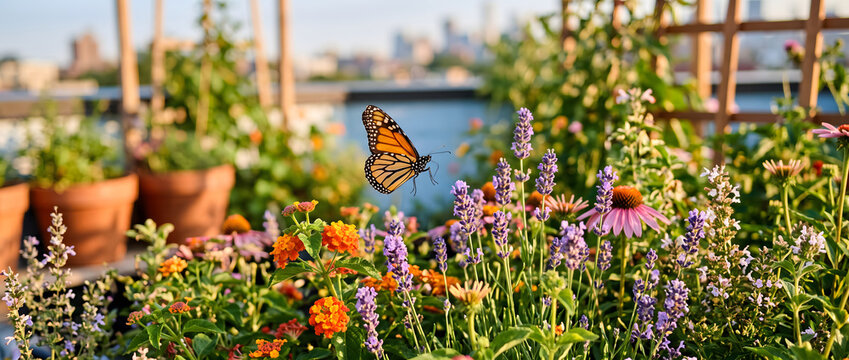 A monarch butterfly hovers above a colorful rooftop flower garden with various blooming plants, set against a blurred city skyline backdrop.