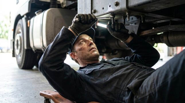 Mechanic lying on a creeper repairing a heavy truck undercarriage