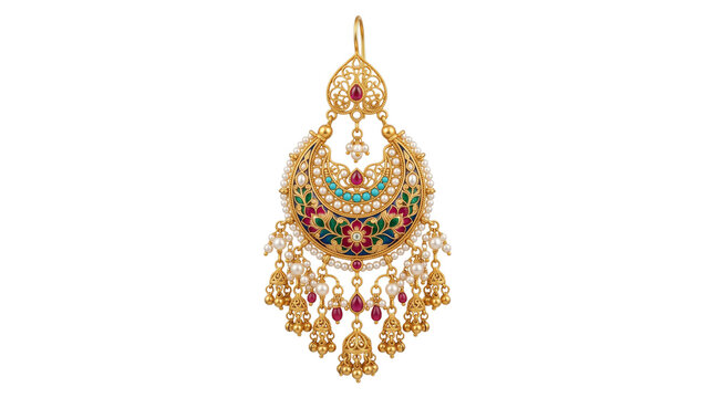 Traditional Indian gold earring with intricate filigree, ornate bridal jhumka jewelry with ruby and emerald accents, luxury ethnic gold pendant isolated PNG with Transparent Background