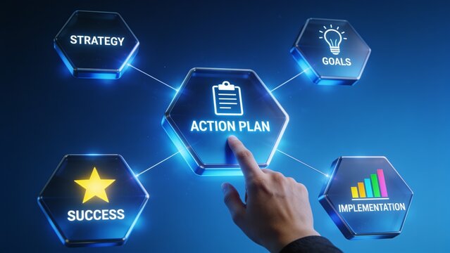 Business hand touching action plan hexagon in digital strategy network