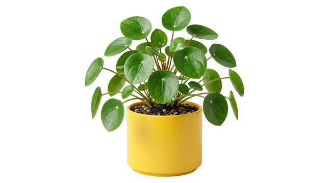 Pilea peperomioides houseplant in yellow ceramic pot, Chinese money plant with round green leaves, decorative indoor foliage for modern home decor isolated PNG with Transparent Background