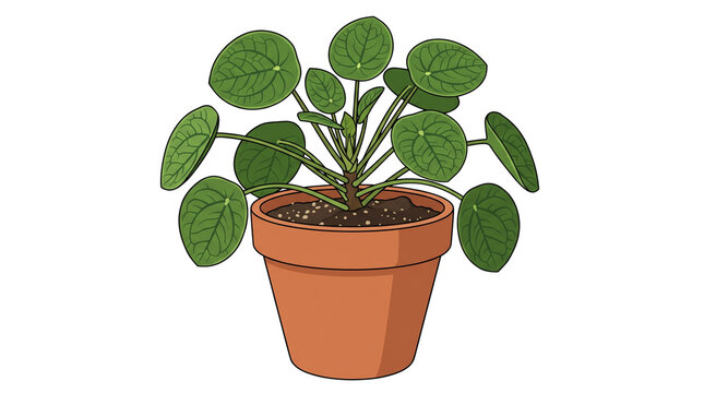 Pilea peperomioides houseplant in terracotta pot, Chinese money plant with round green leaves, potted indoor pancake plant illustration isolated PNG with Transparent Background
