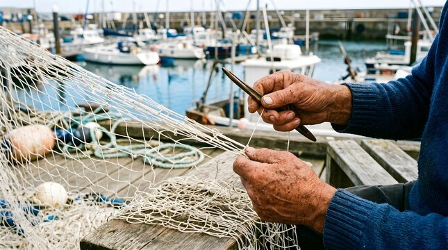 Close up of an elderly fisherman's weathered hands mending a large white fishing net using a traditional shuttle tool on a wooden dock with blurred boats in a coastal harbor background.