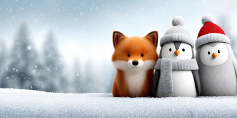 Fototapeta premium Adorable cartoon fox and two penguins in knitted hats and scarves standing on snow, celebrating winter holidays with festive cheer, friendship and playful seasonal fun